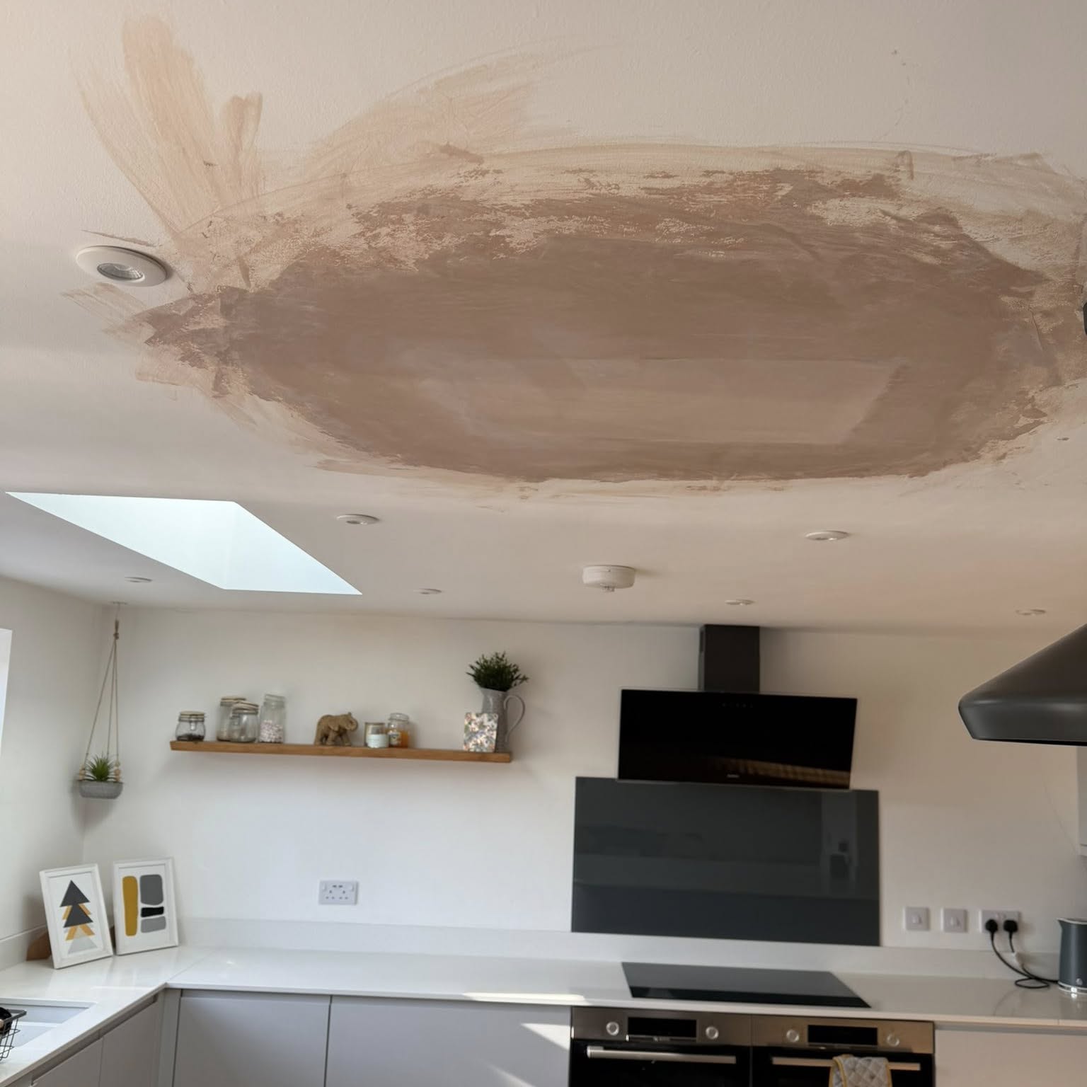 Kitchen ceiling freshly skimmed and repaired ahead of painting