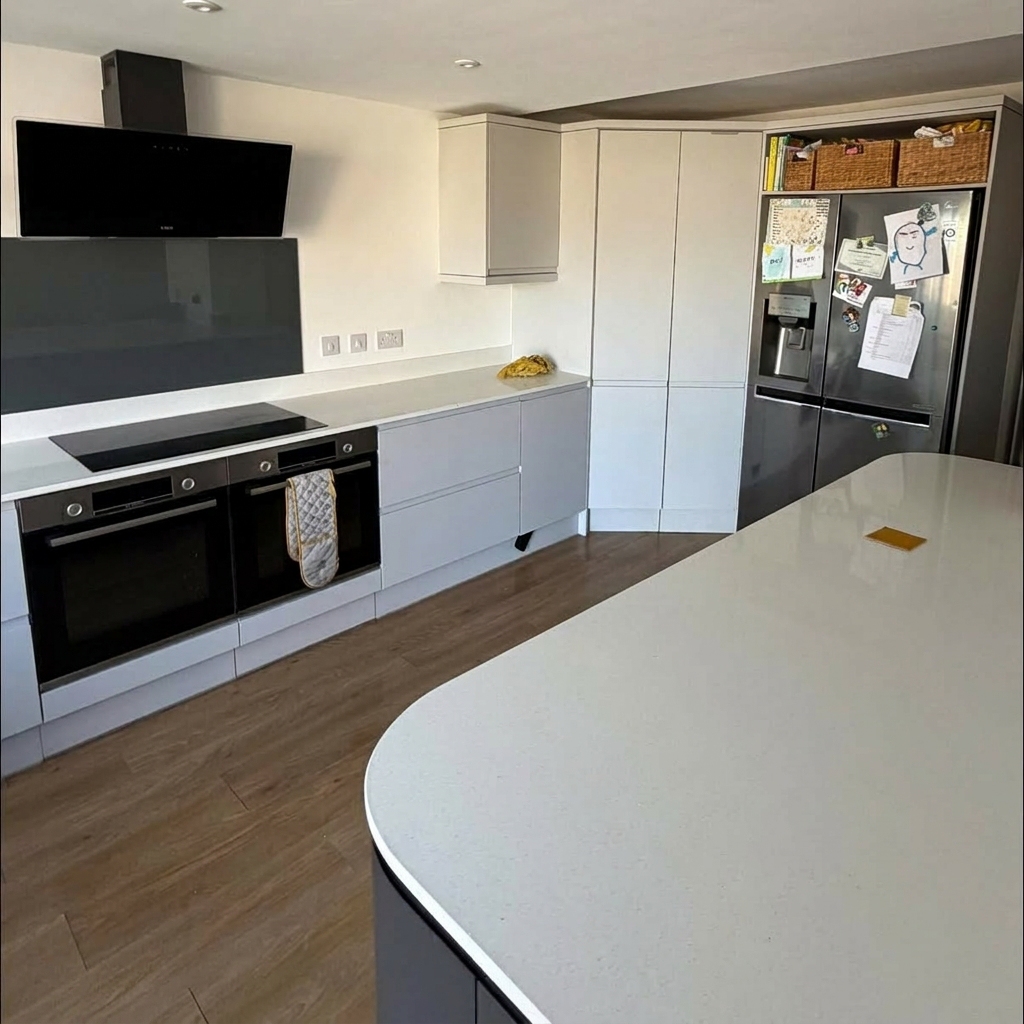 Bright modern kitchen with freshly painted white walls and ceiling after redecoration